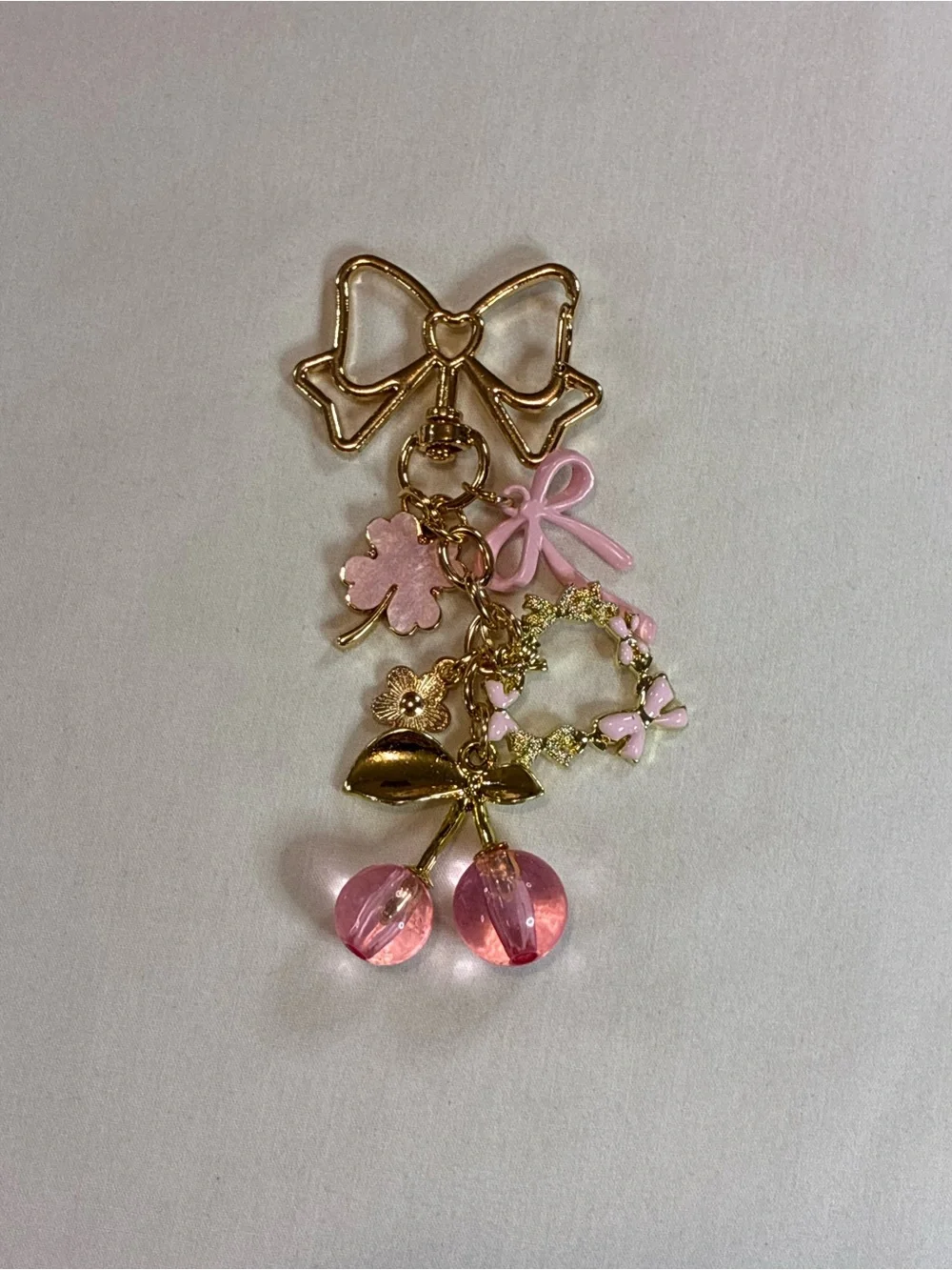 Gold & Pink Cherry Charm Keychain